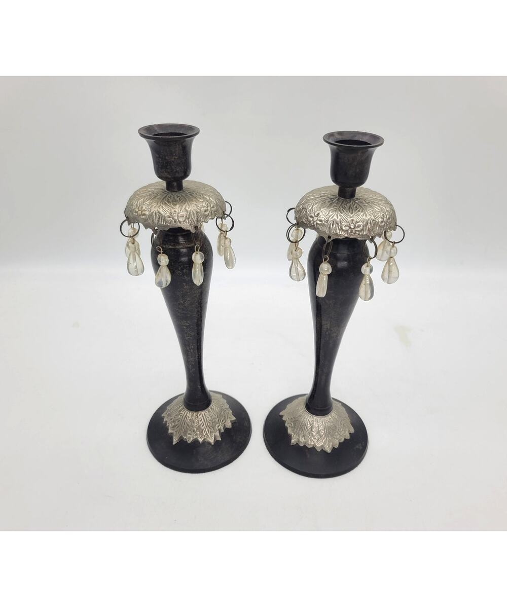 Pair of Vintage Ornate Mottled Bronze & Silver Metal Pillar Candle Holders 10.5"